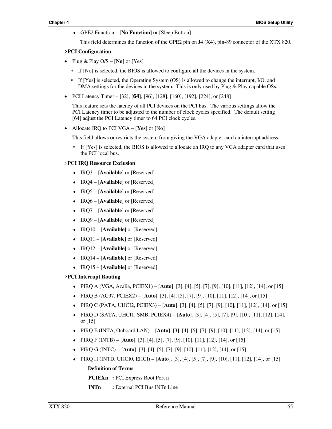 Ampro Corporation XTX 820 manual PCI Configuration, PCI IRQ Resource Exclusion 