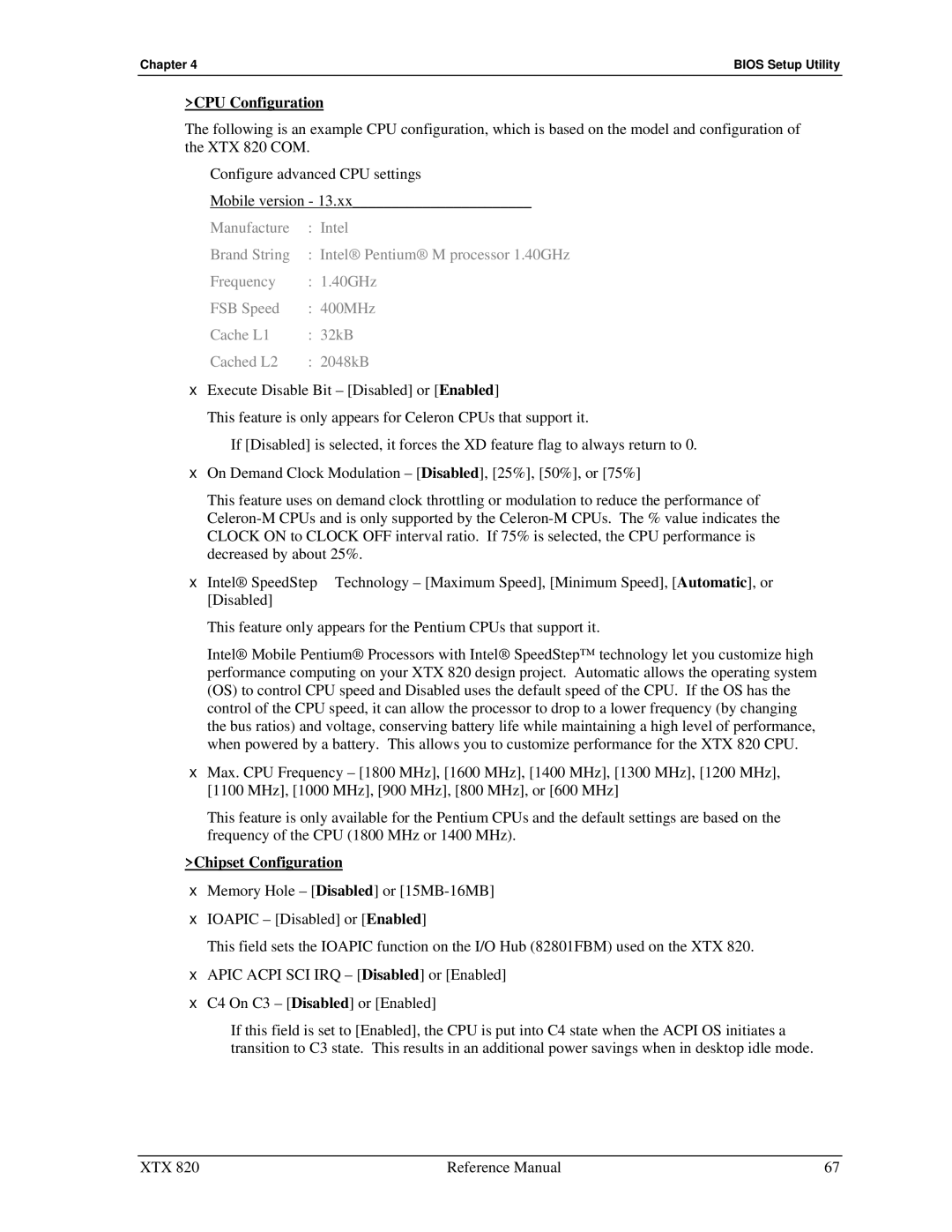 Ampro Corporation XTX 820 manual CPU Configuration, Chipset Configuration 