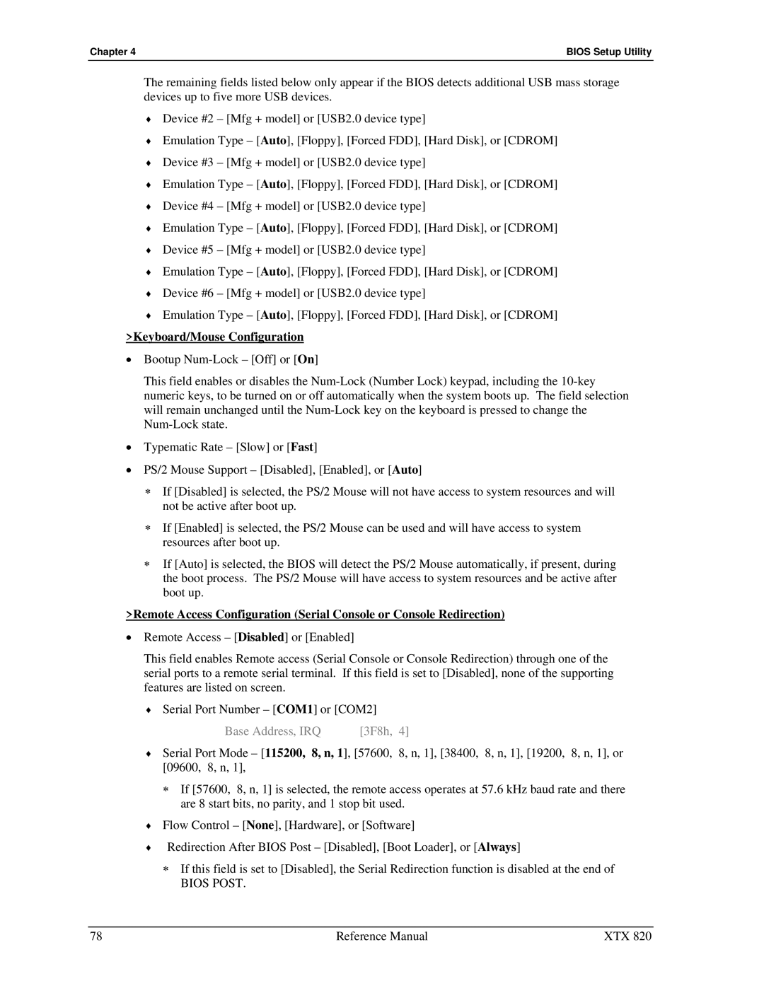 Ampro Corporation XTX 820 manual Keyboard/Mouse Configuration, Bios Post 