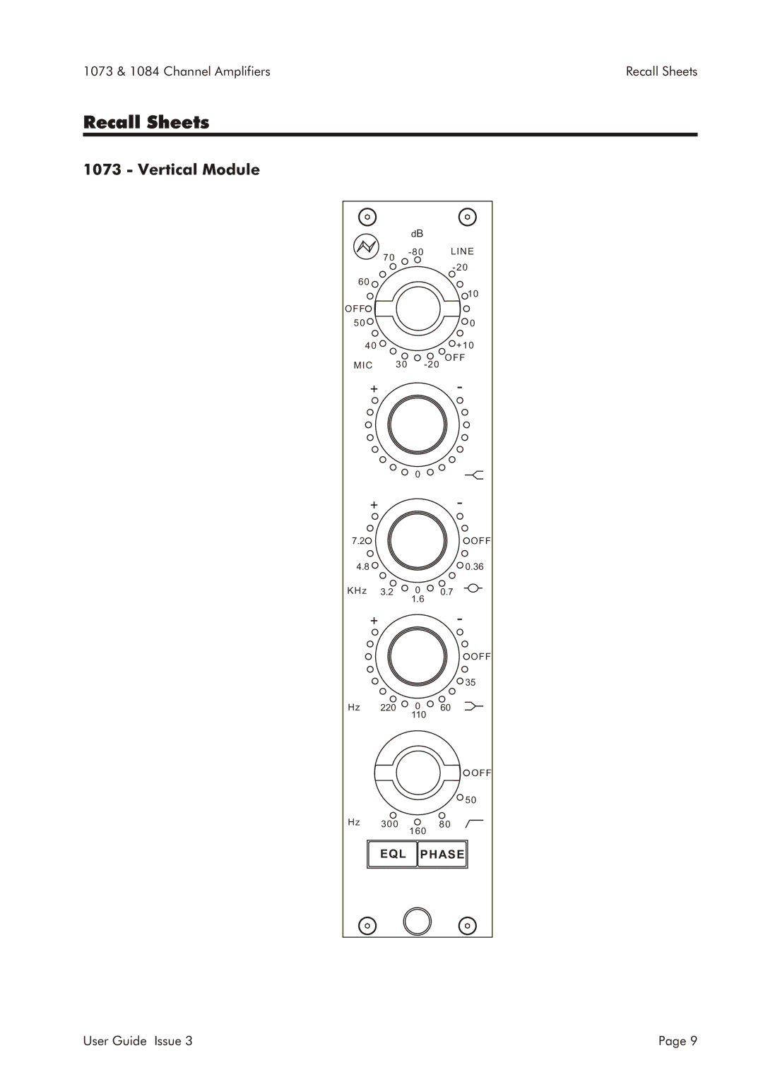 AMS 1073, 1084 specifications Recall Sheets, Vertical Module 