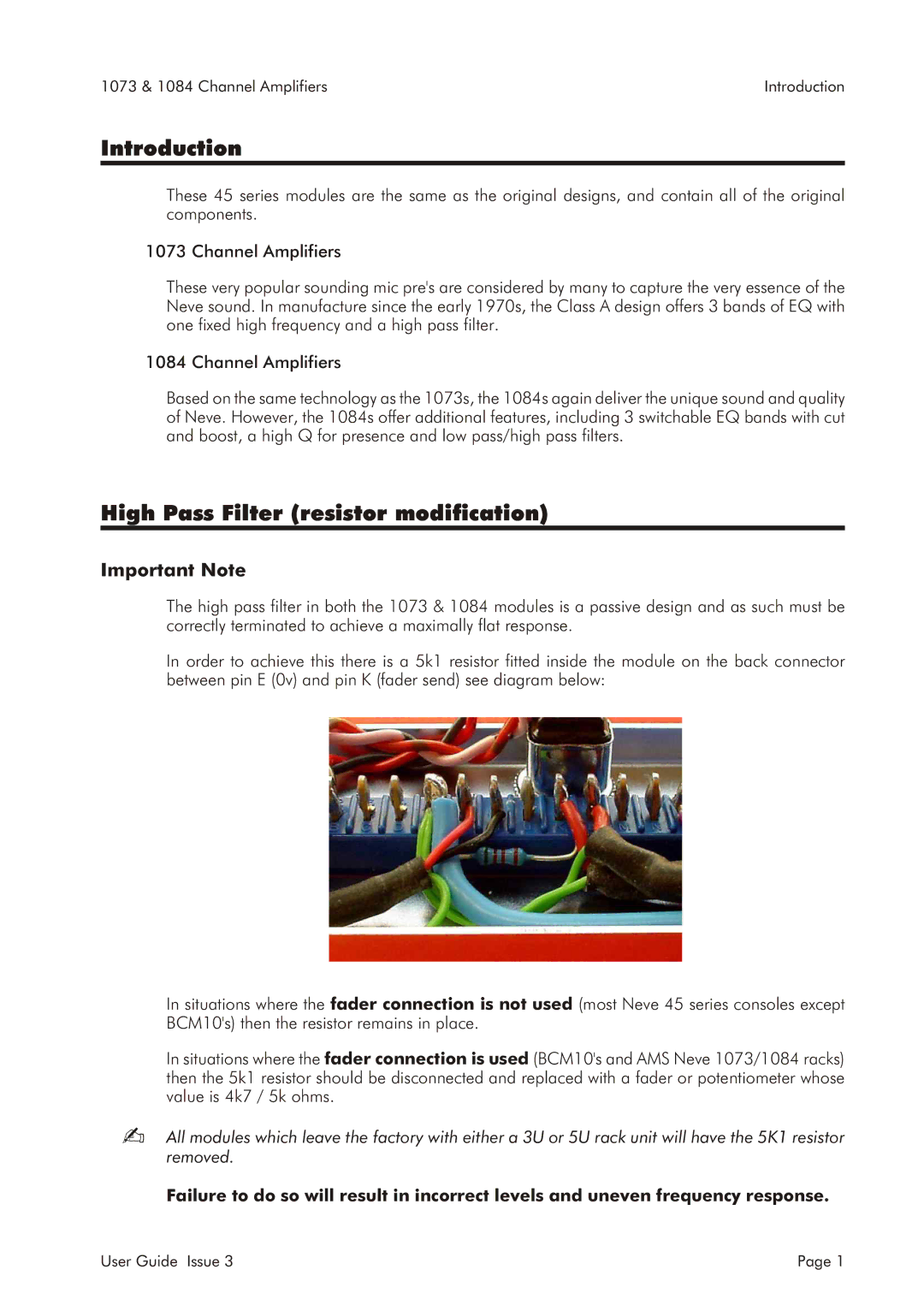 AMS 1073, 1084 specifications Introduction, High Pass Filter resistor modification, Important Note 