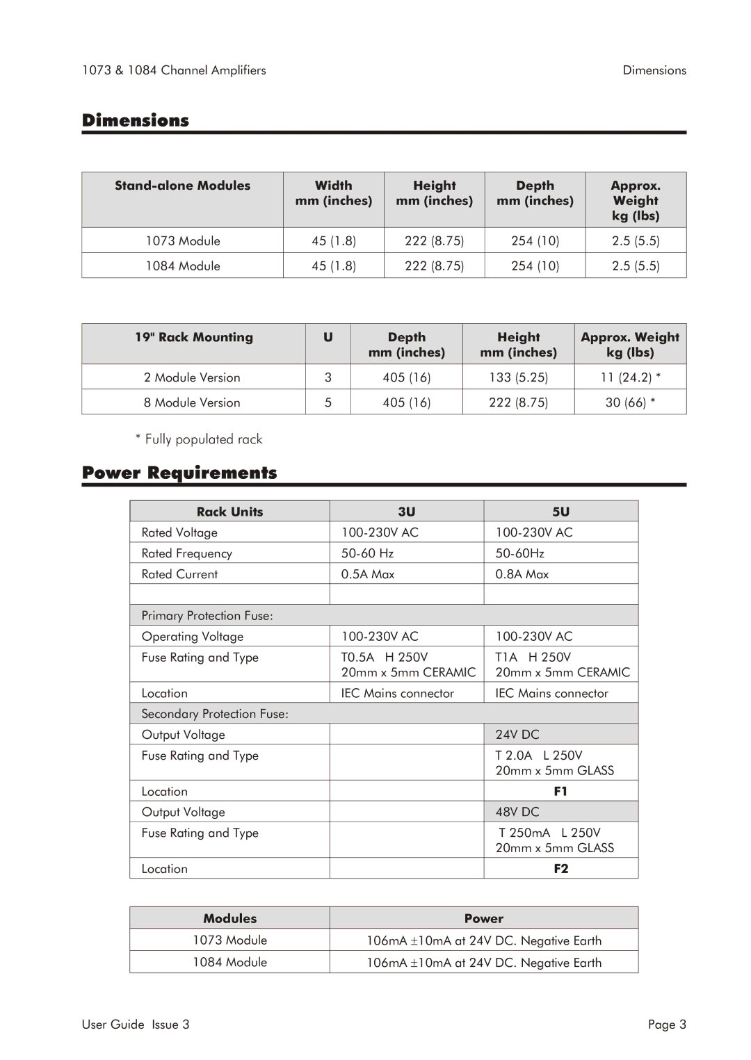 AMS 1073, 1084 specifications Dimensions, Power Requirements 