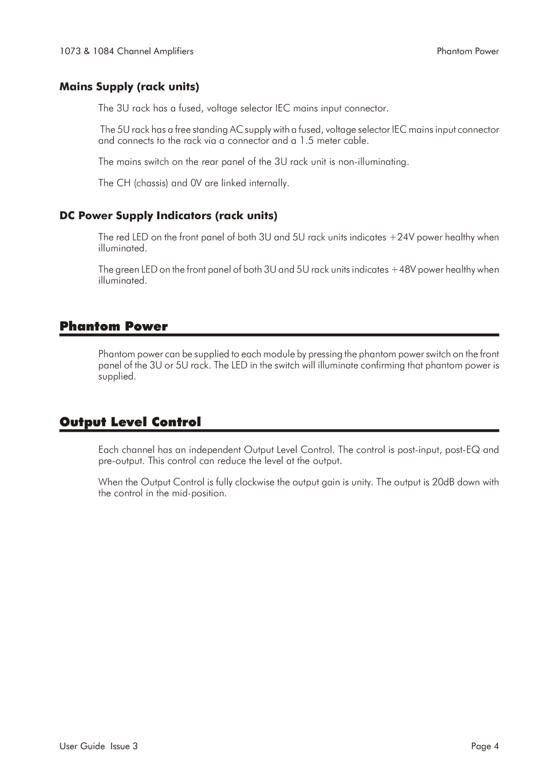 AMS 1084, 1073 Phantom Power, Output Level Control, Mains Supply rack units, DC Power Supply Indicators rack units 