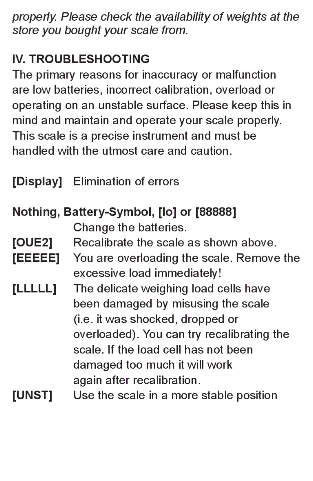 AMS 150 user manual IV. Troubleshooting, Nothing, Battery-Symbol, lo or 