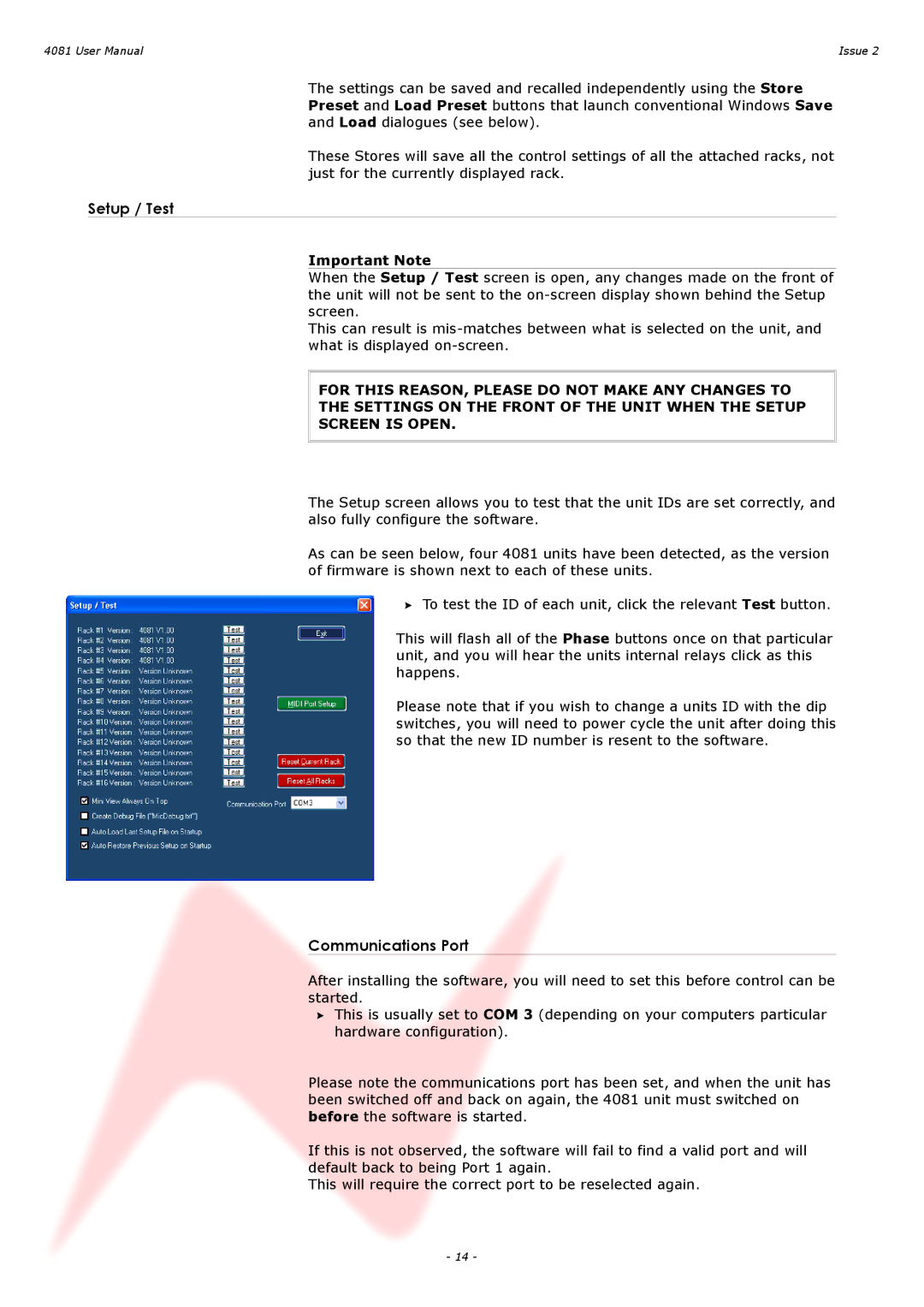 AMS 4081 user manual Setup / Test, Communications Port 