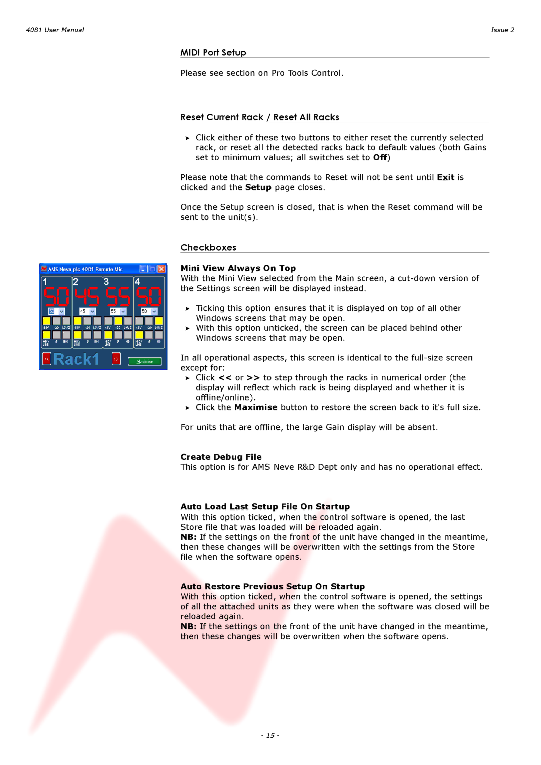 AMS 4081 user manual Midi Port Setup, Reset Current Rack / Reset All Racks, Checkboxes 