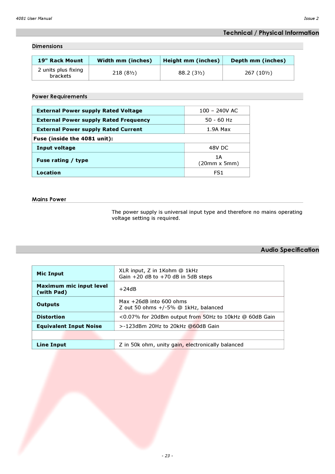 AMS 4081 user manual Dimensions, Power Requirements, Mains Power 