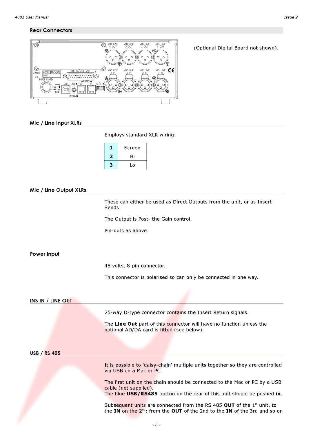 AMS 4081 user manual Rear Connectors, Mic / Line Input XLRs, Mic / Line Output XLRs, Power input, Usb / Rs 