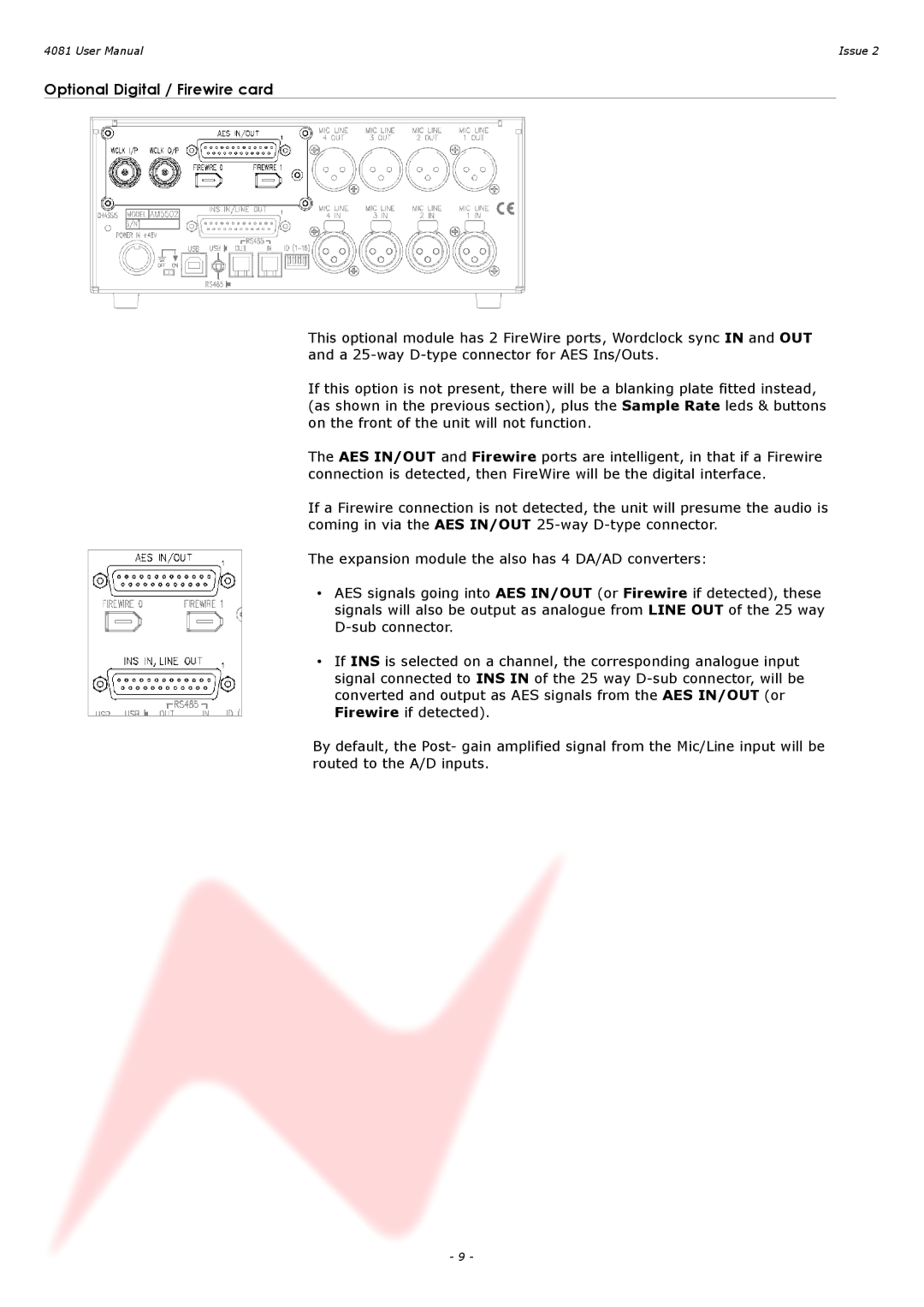 AMS 4081 user manual Optional Digital / Firewire card 