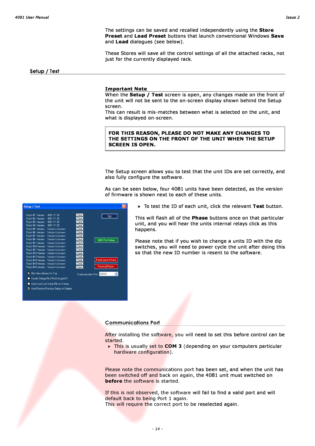 AMS 4081 user manual Setup / Test, Communications Port 