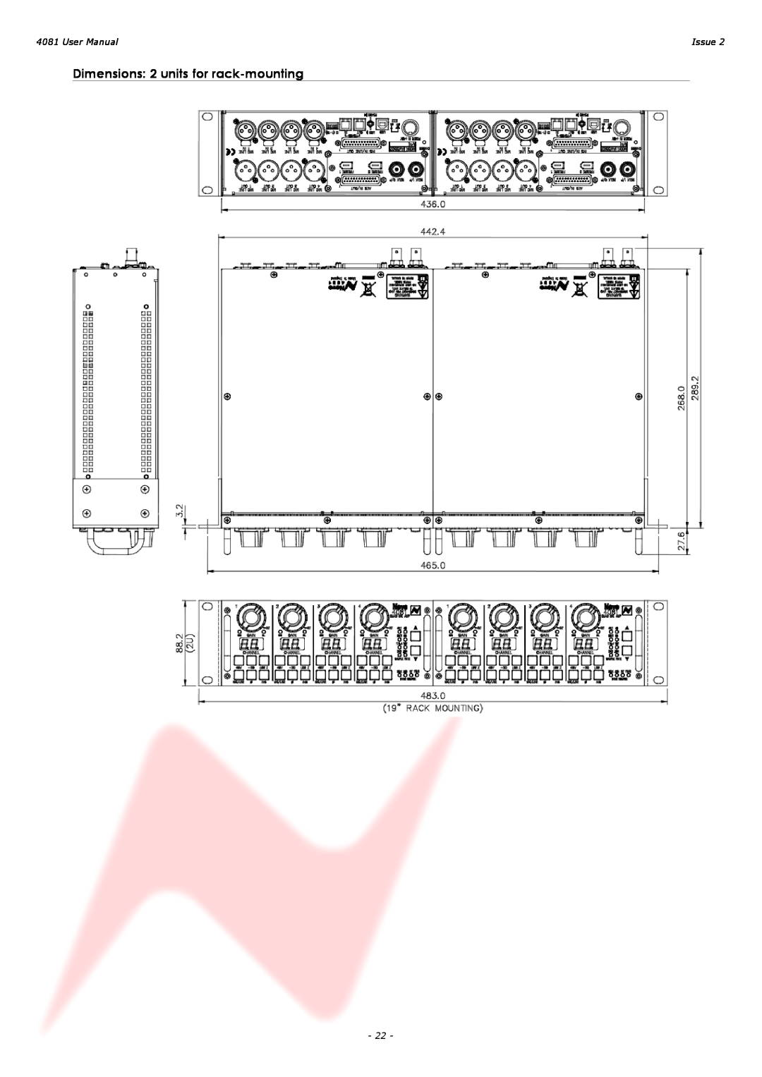 AMS 4081 user manual Dimensions 2 units for rack-mounting, Issue 