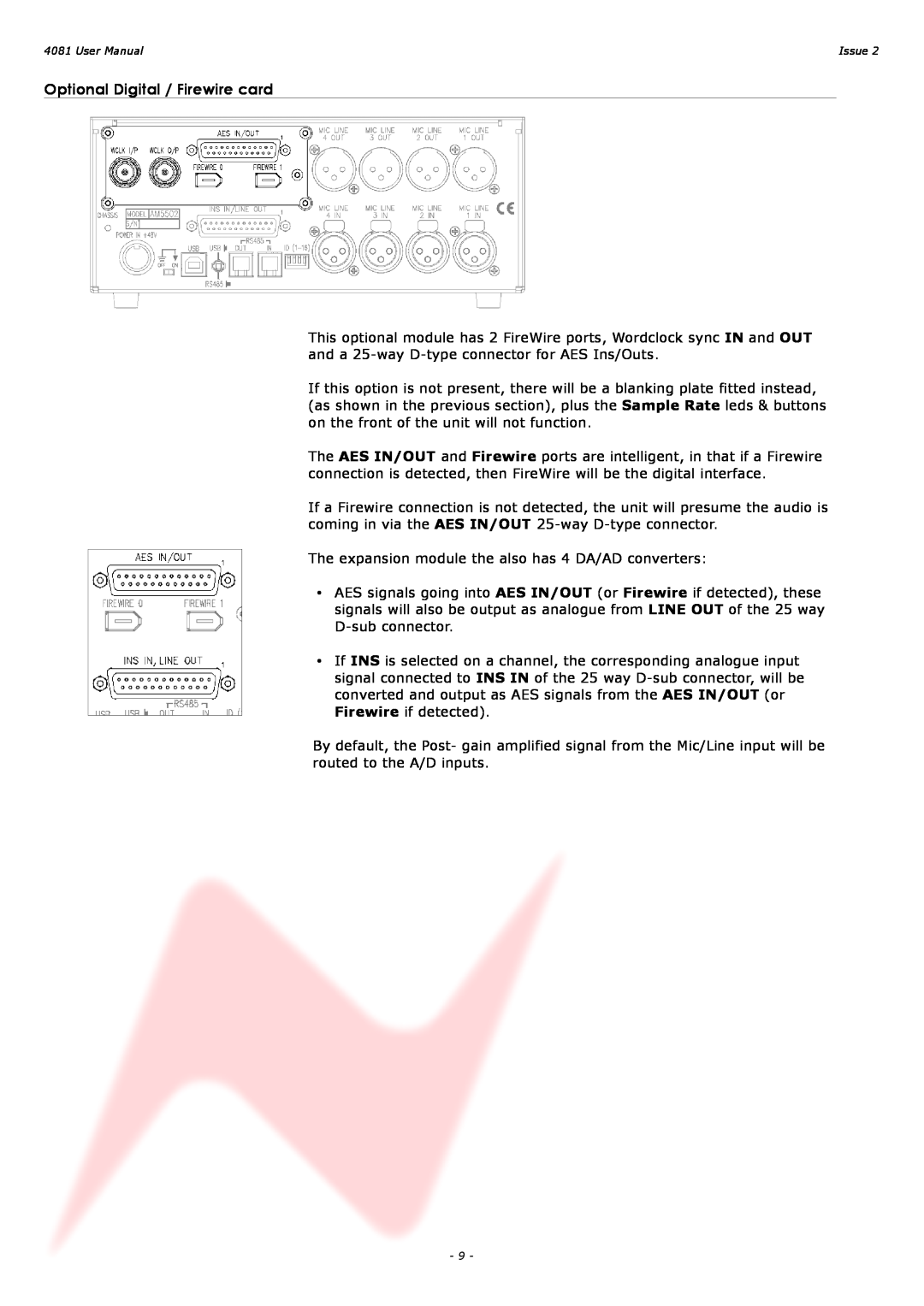 AMS 4081 user manual Optional Digital / Firewire card, Issue 
