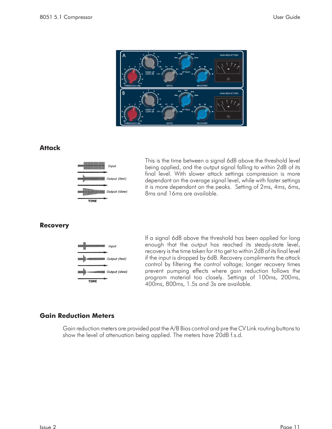 AMS 8051 specifications Attack, Recovery, Gain Reduction Meters 