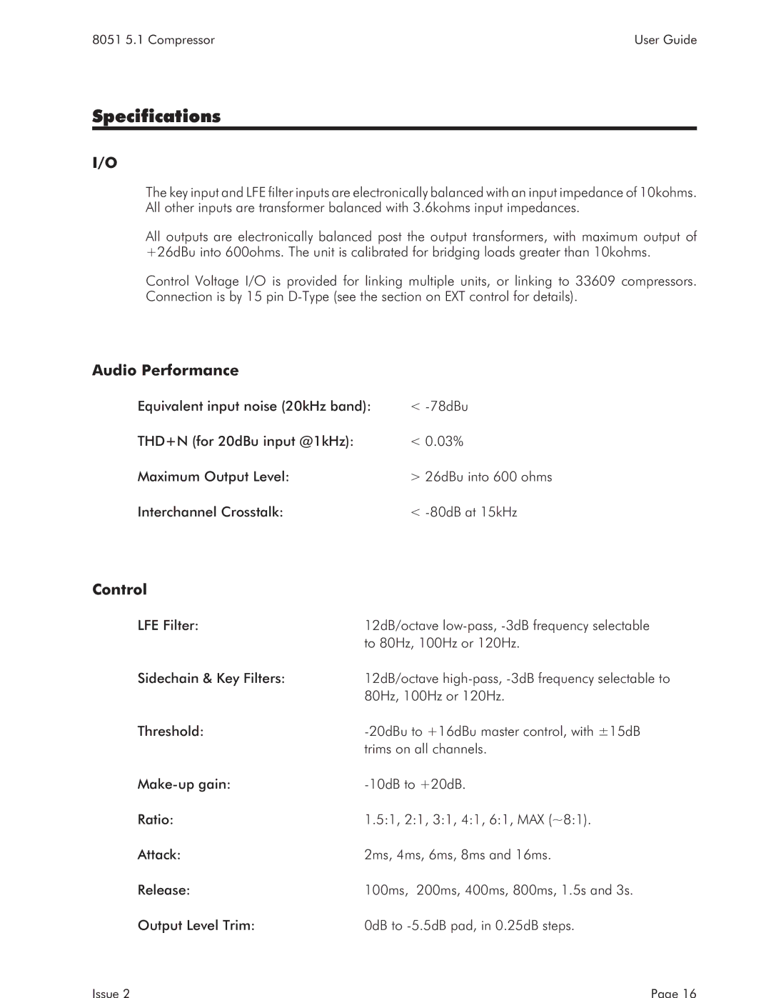 AMS 8051 specifications Specifications, Audio Performance, Control 