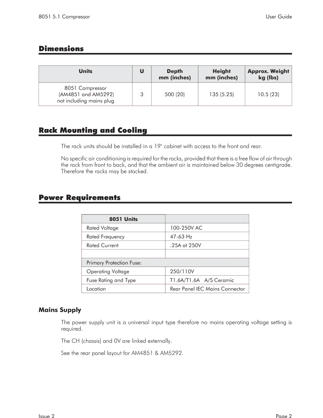 AMS 8051 specifications Dimensions, Rack Mounting and Cooling, Power Requirements, Mains Supply 