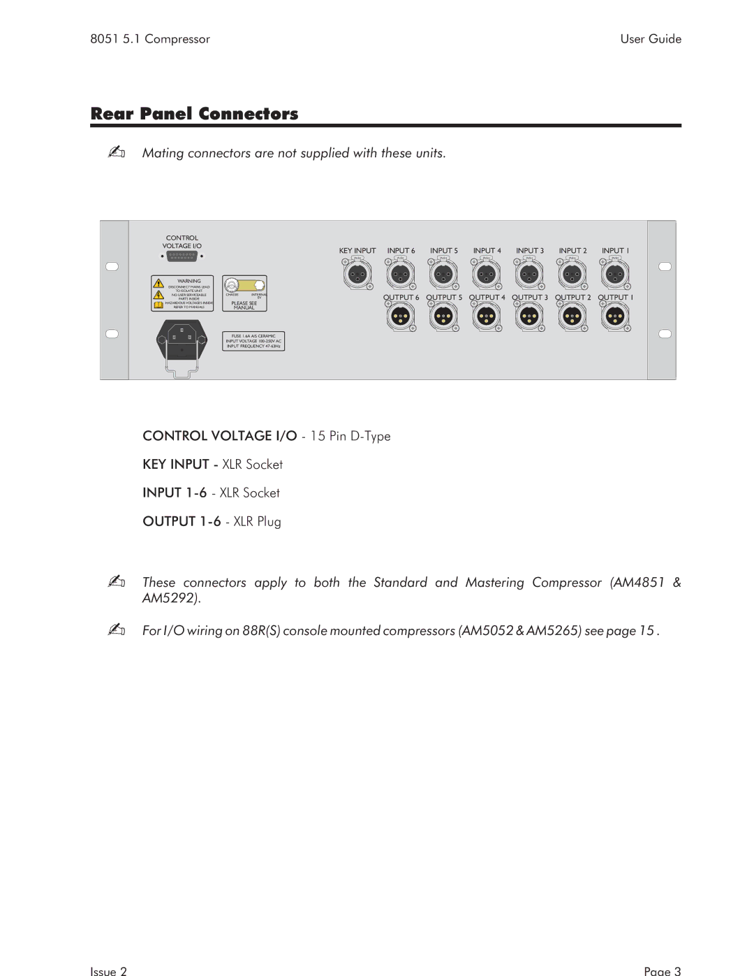 AMS 8051 specifications Rear Panel Connectors, Mating connectors are not supplied with these units 