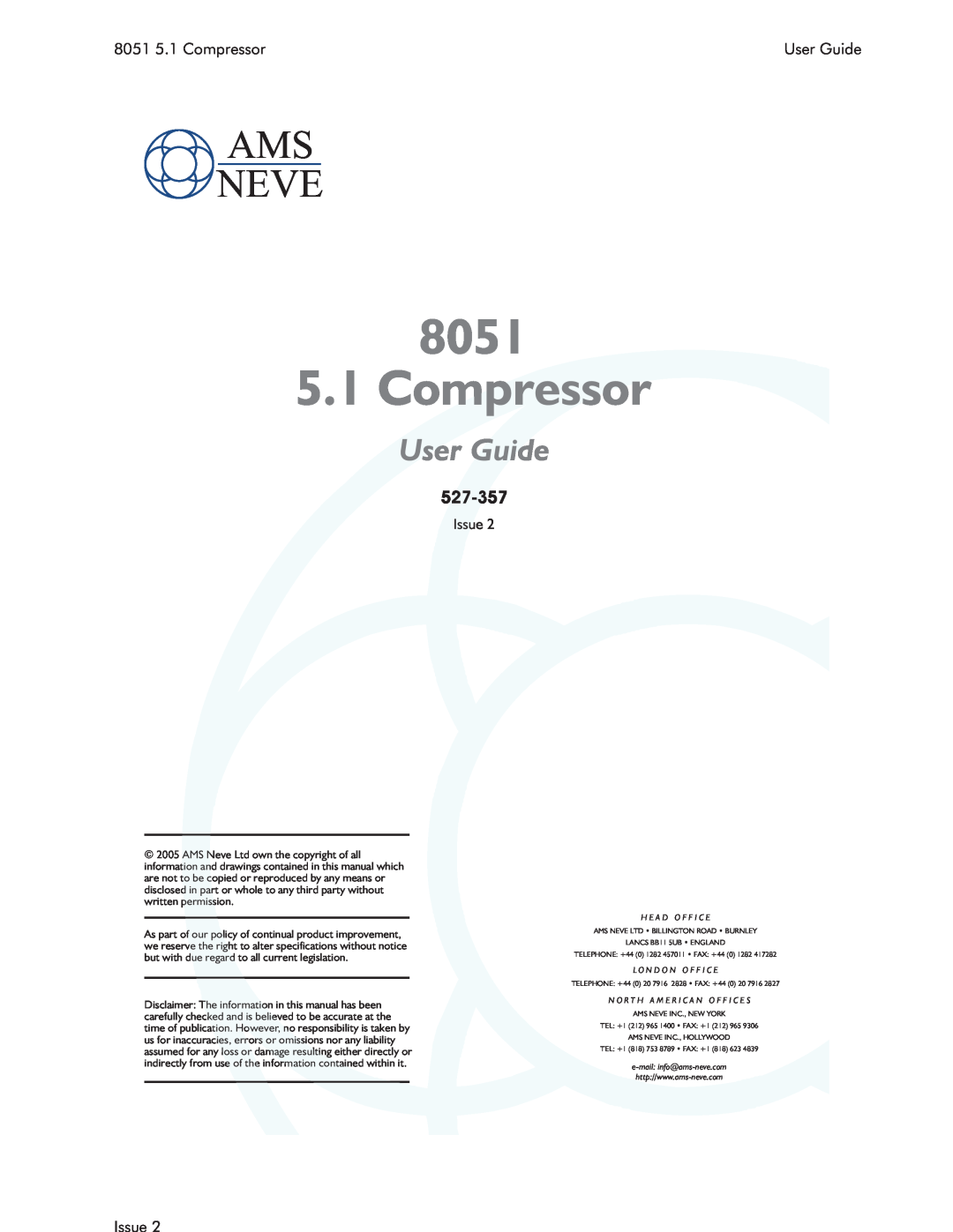 AMS specifications 8051 5.1 Compressor, Ams Neve, User Guide 