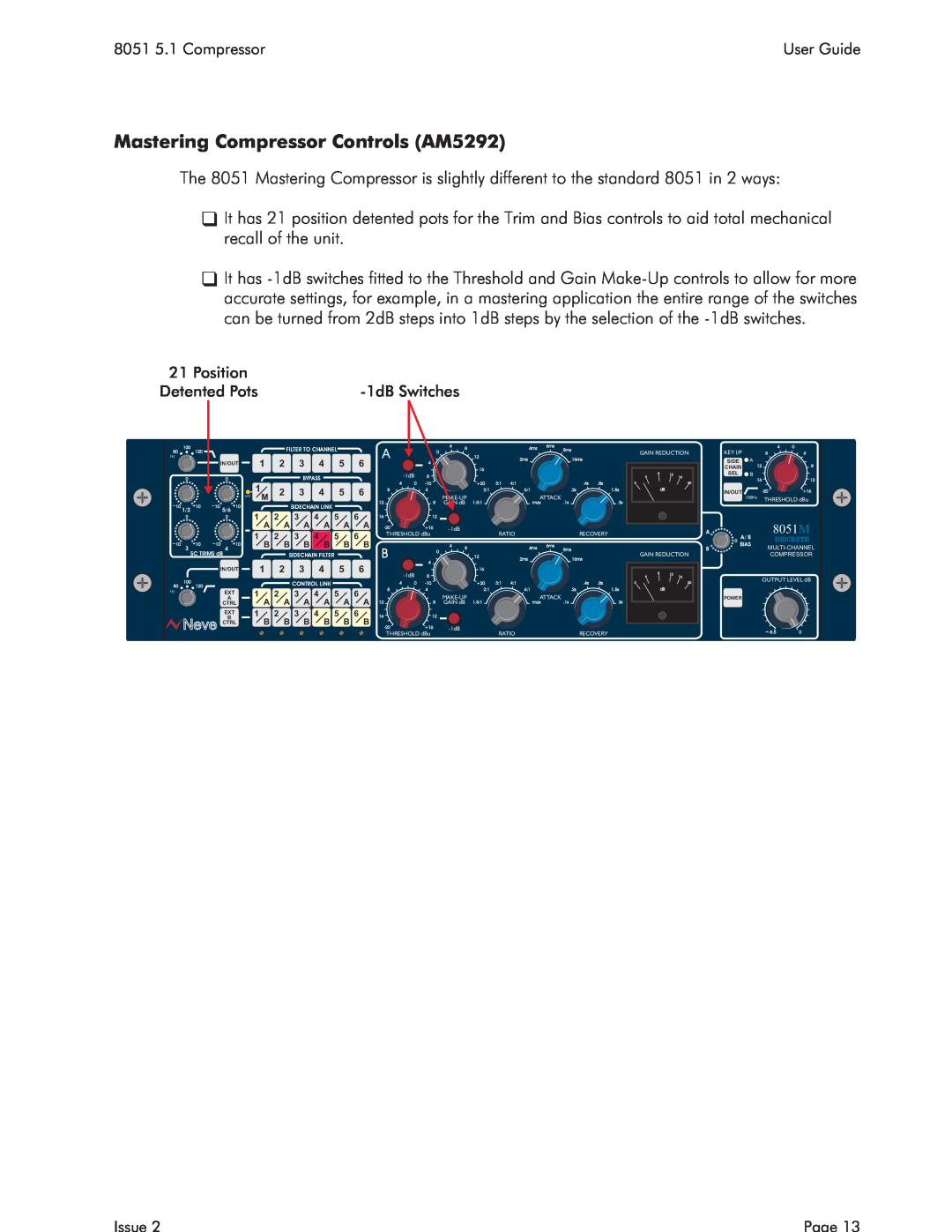 AMS Mastering Compressor Controls AM5292, 8051 5.1 Compressor, User Guide, Position, Detented Pots, 1dBSwitches, Issue 