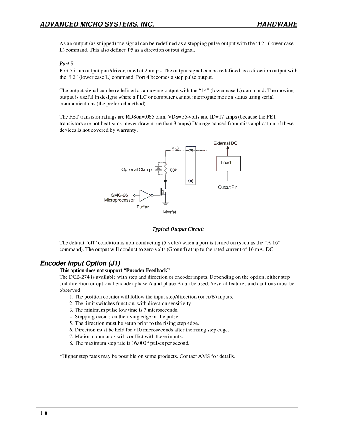 AMS DCB-274 manual Encoder Input Option J1, Port, Typical Output Circuit 