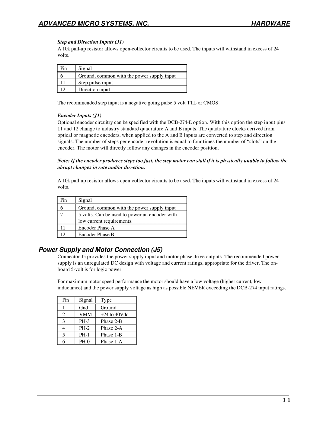 AMS DCB-274 manual Power Supply and Motor Connection J5, Step and Direction Inputs J1, Encoder Inputs J1 