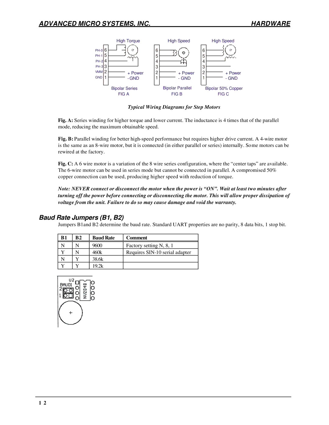 AMS DCB-274 manual Baud Rate Jumpers B1, B2, Typical Wiring Diagrams for Step Motors 