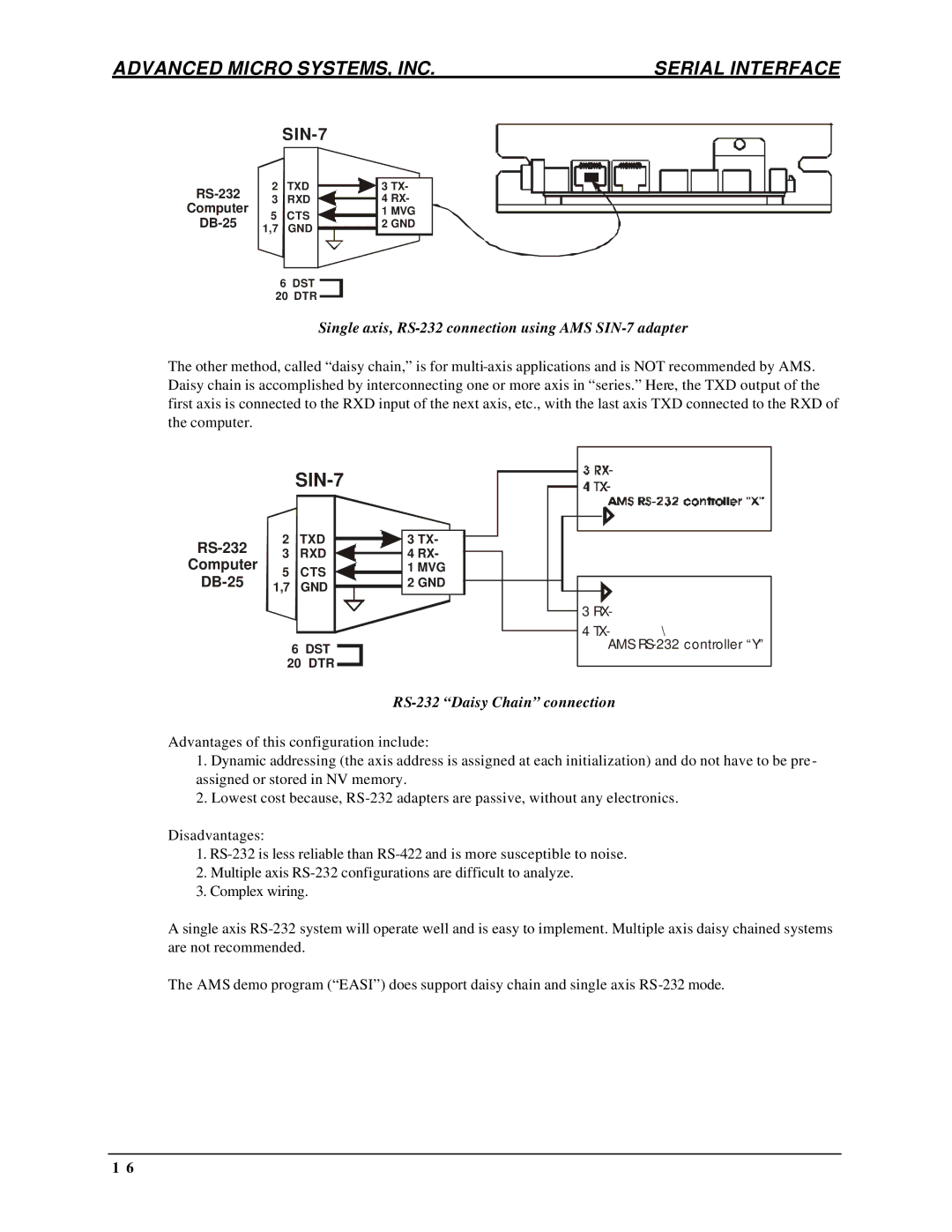 AMS DCB-274 manual Single axis, RS-232 connection using AMS SIN-7 adapter, RS-232 Daisy Chain connection 