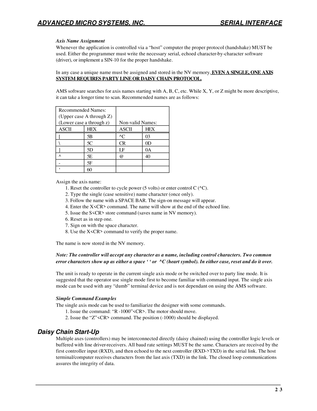 AMS DCB-274 manual Daisy Chain Start-Up, Axis Name Assignment, Simple Command Examples 