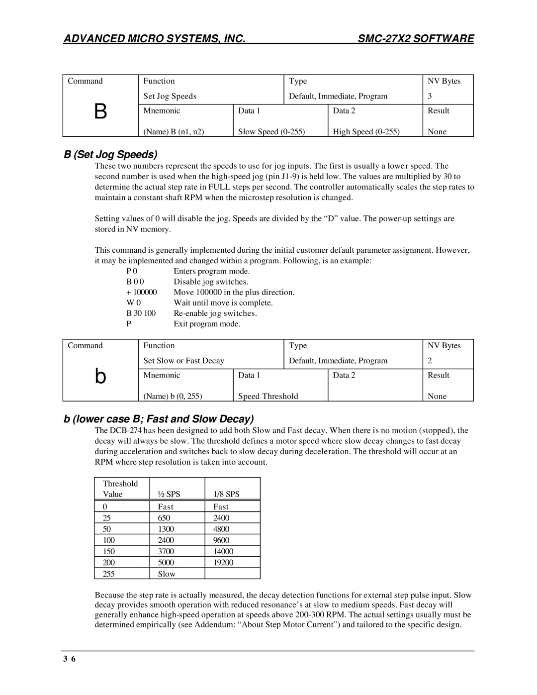 AMS DCB-274 manual Set Jog Speeds, Lower case B Fast and Slow Decay 