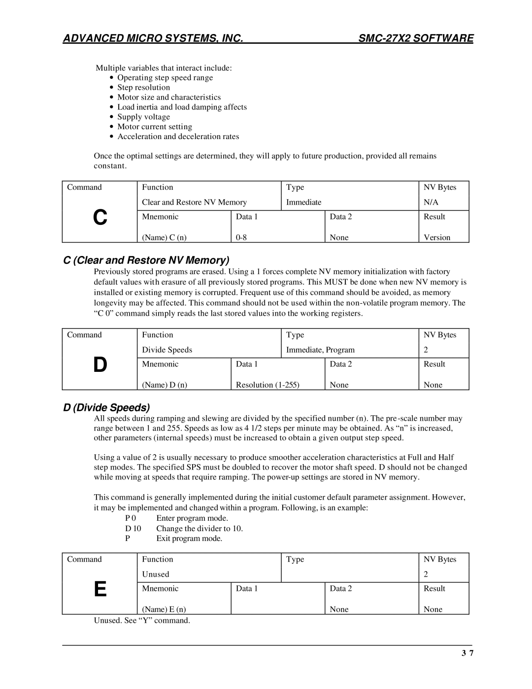AMS DCB-274 manual Clear and Restore NV Memory, Divide Speeds 