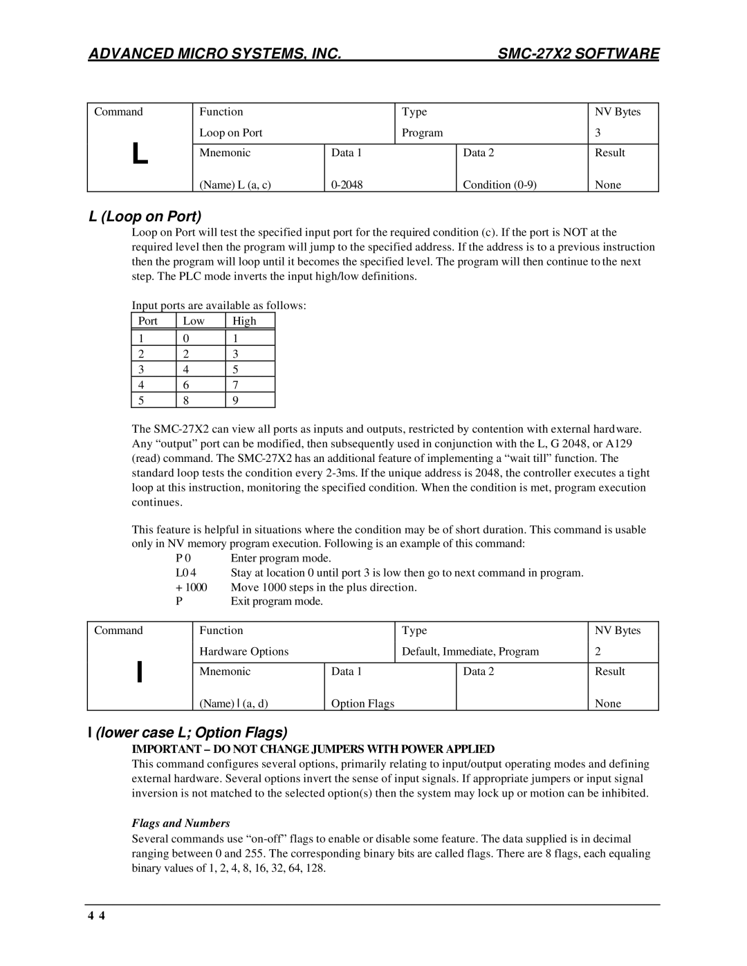 AMS DCB-274 manual Loop on Port, Lower case L Option Flags, Flags and Numbers 