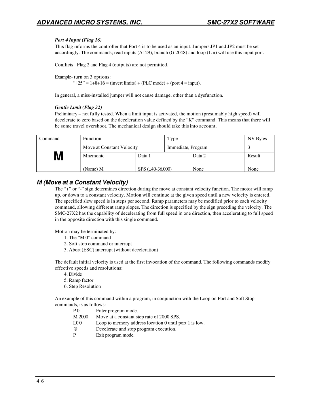 AMS DCB-274 manual Move at a Constant Velocity, Port 4 Input Flag, Gentle Limit Flag 