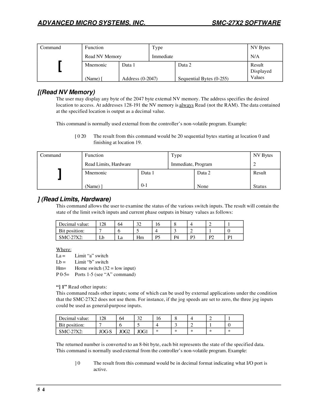 AMS DCB-274 manual Read NV Memory, Read Limits, Hardware 