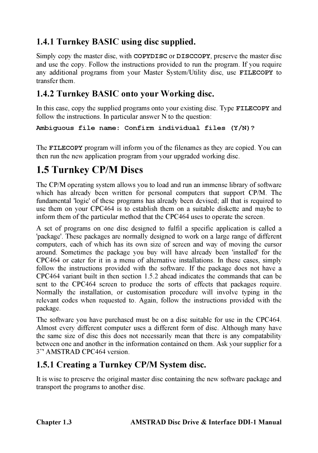 Amstrad DDI-1 manual Turnkey CP/M Discs, Turnkey Basic using disc supplied, Turnkey Basic onto your Working disc 