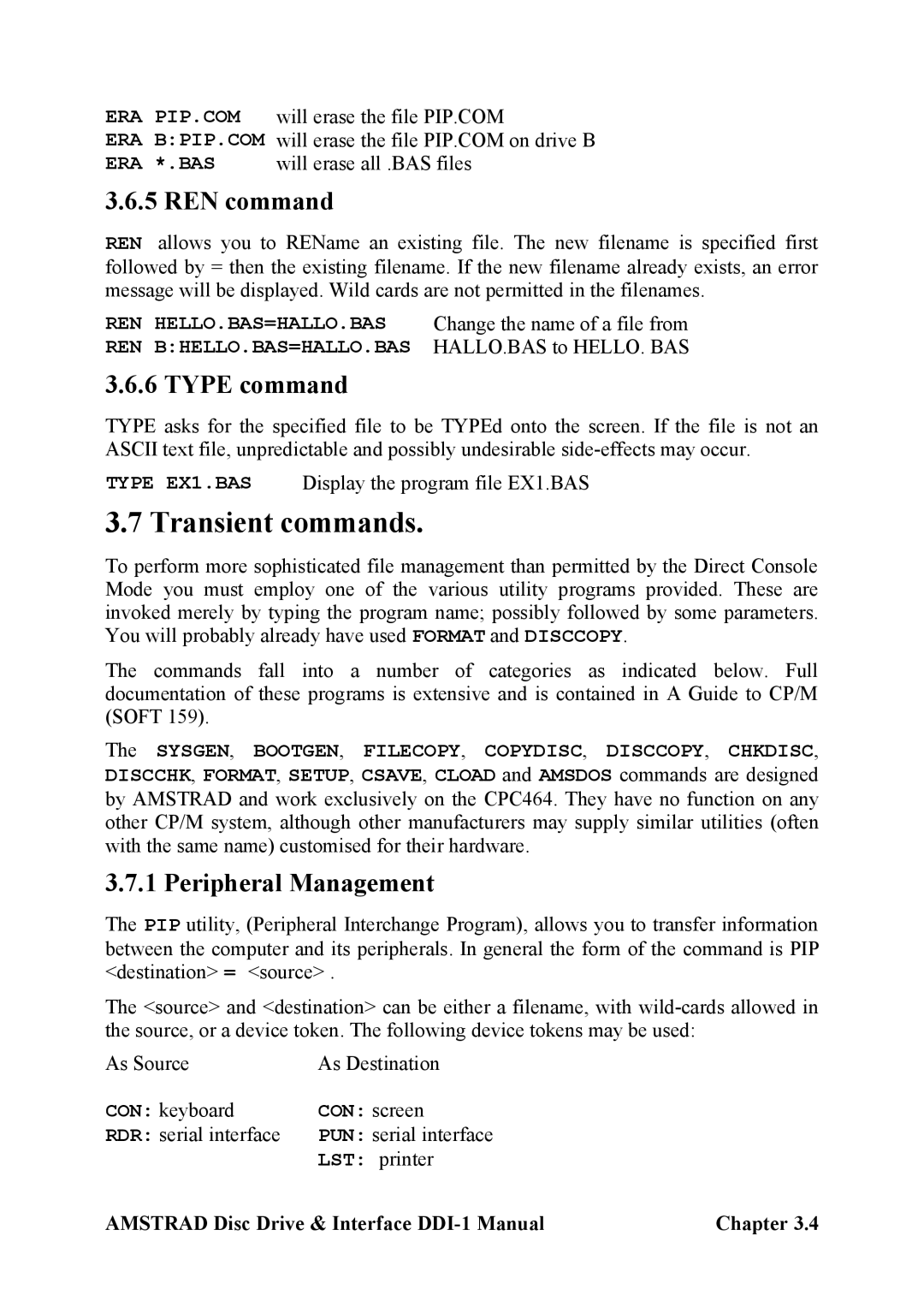 Amstrad DDI-1 manual Transient commands, REN command, Type command, Peripheral Management 