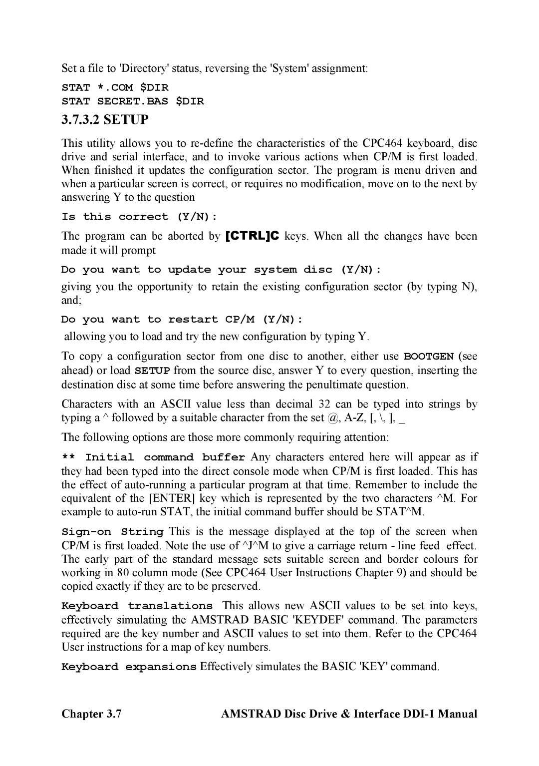 Amstrad DDI-1 manual Setup, Stat SECRET.BAS $DIR, Is this correct Y/N, Do you want to update your system disc Y/N 