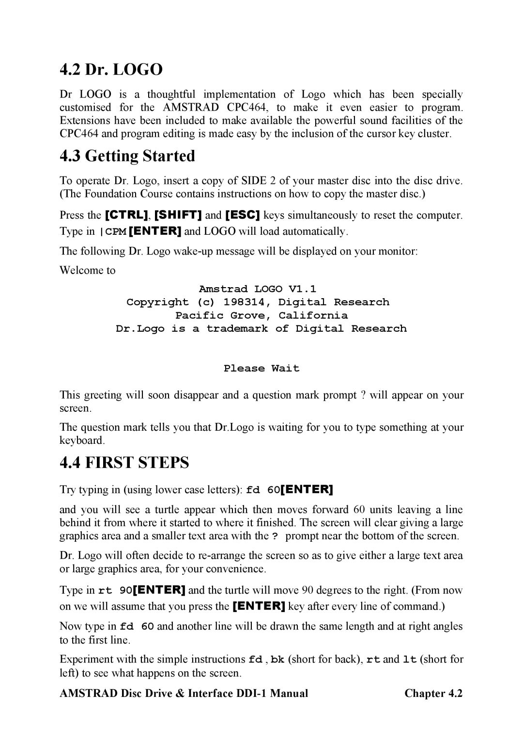 Amstrad DDI-1 manual Dr. Logo, Getting Started 