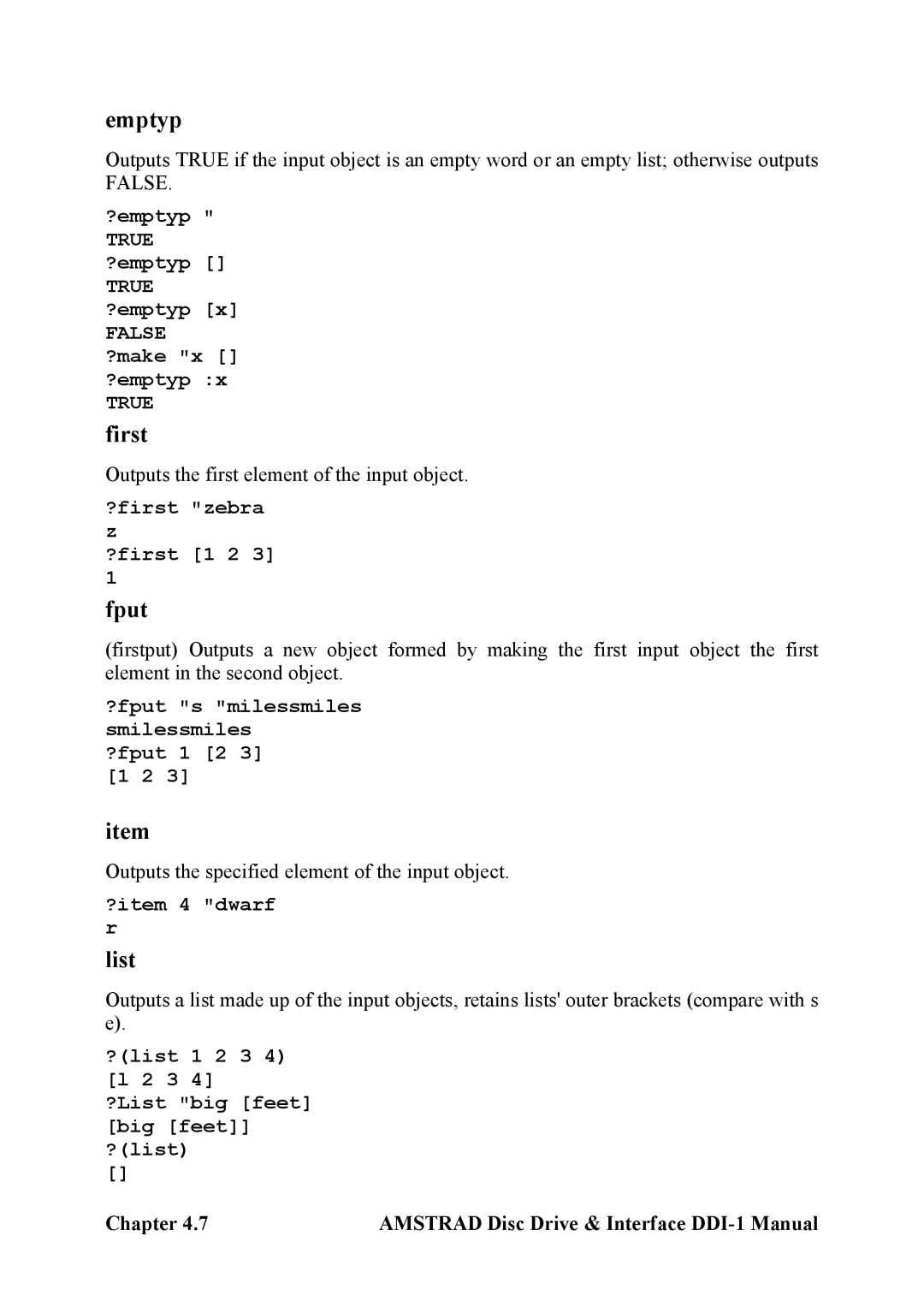 Amstrad DDI-1 manual Emptyp, First, Fput, List, True 