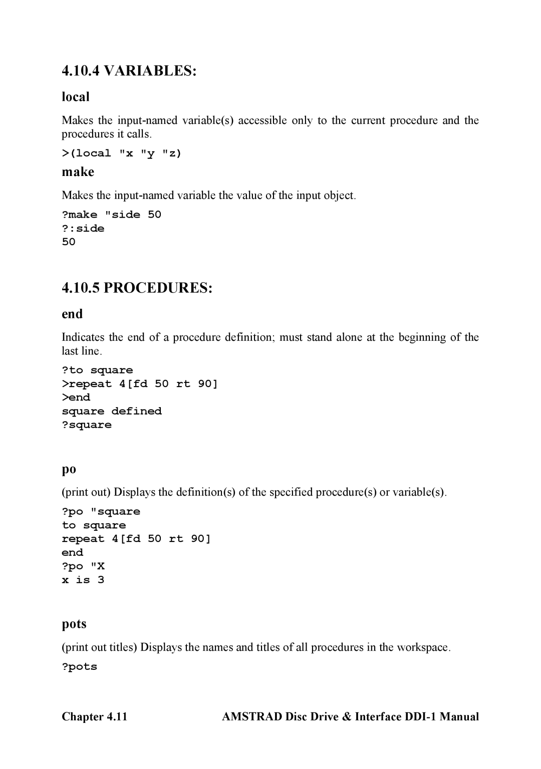 Amstrad DDI-1 manual Variables, Procedures 