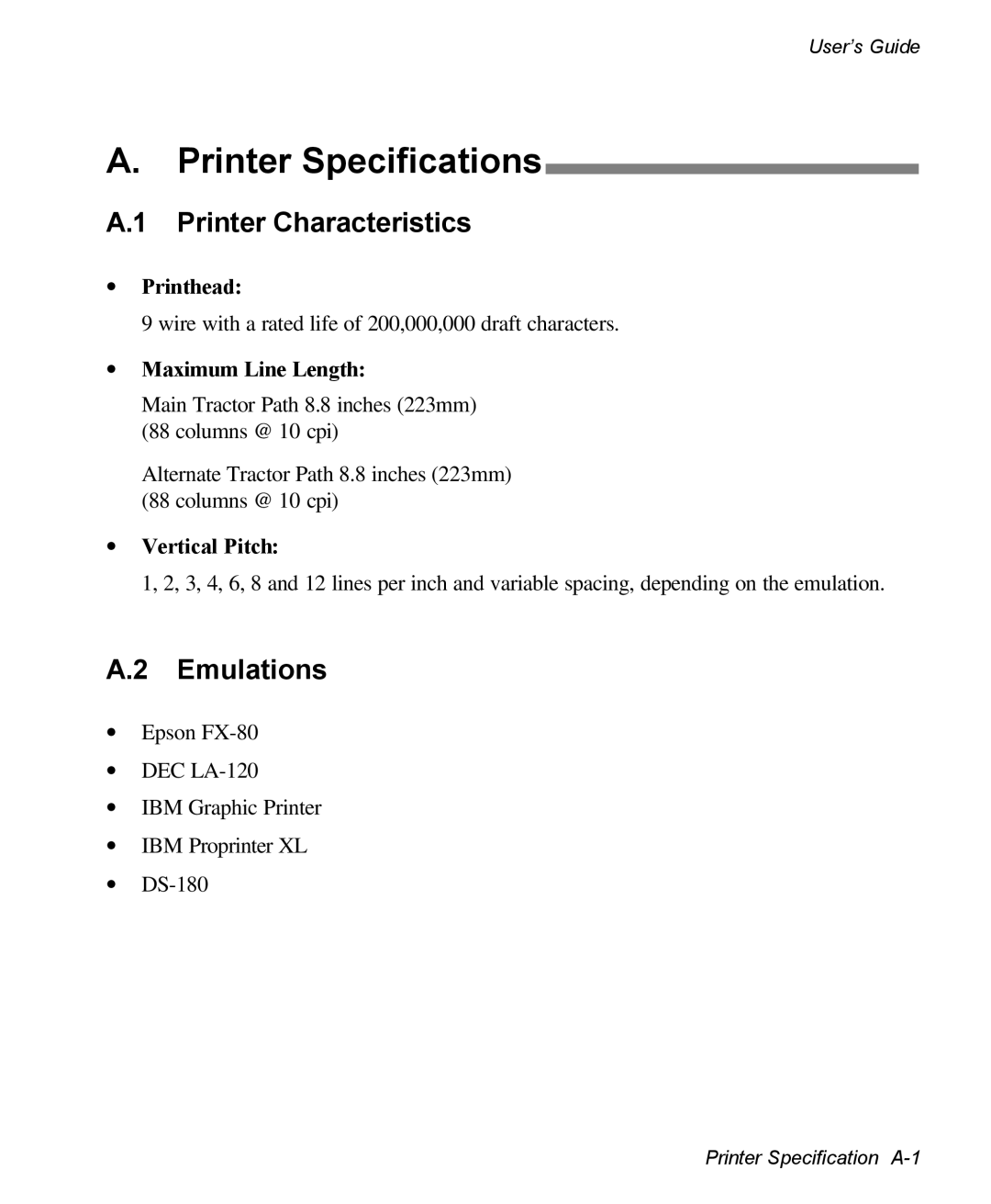 AMT Datasouth 3300 manual Printer Specifications, Printer Characteristics, Emulations 