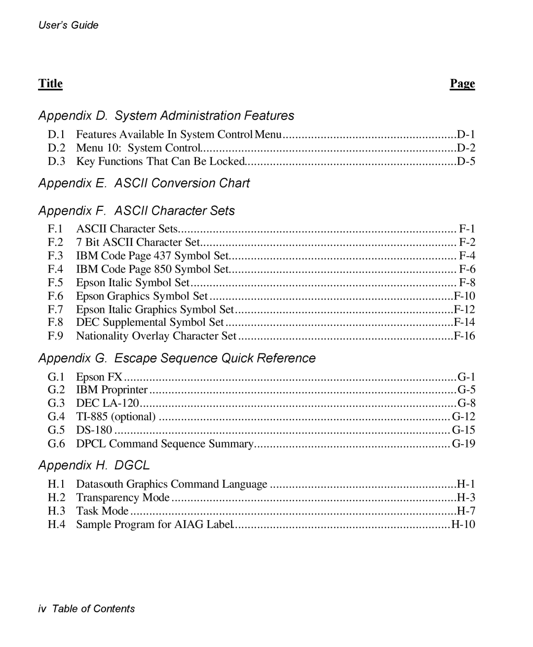 AMT Datasouth 3300 manual Appendix G. Escape Sequence Quick Reference 