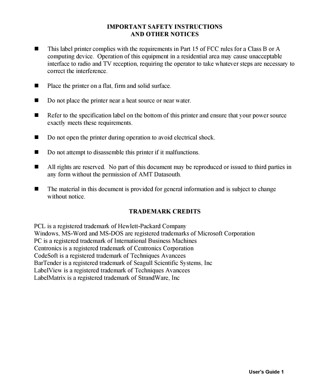 AMT Datasouth 400 manual Important Safety Instructions Other Notices 