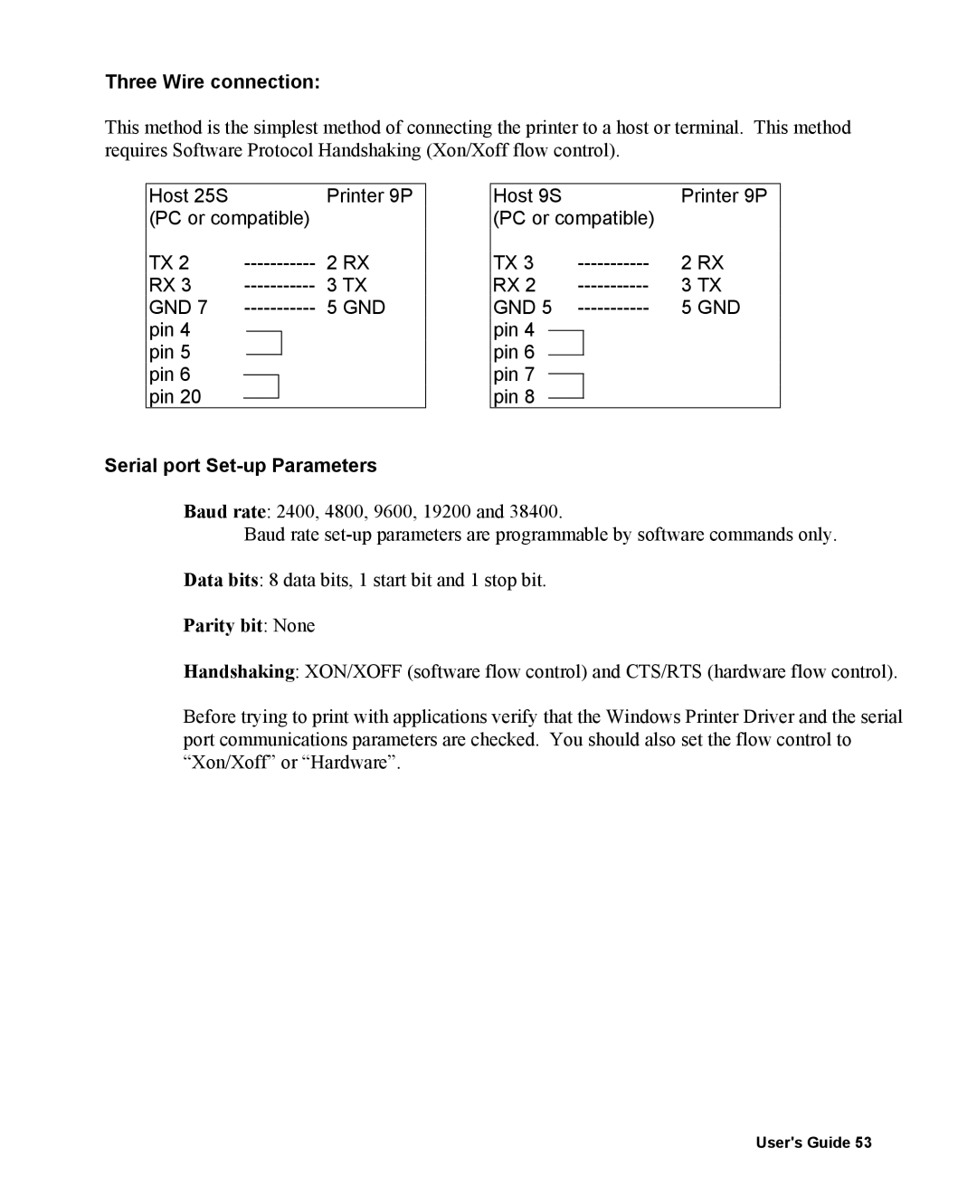 AMT Datasouth 400 manual Three Wire connection, Serial port Set-up Parameters 