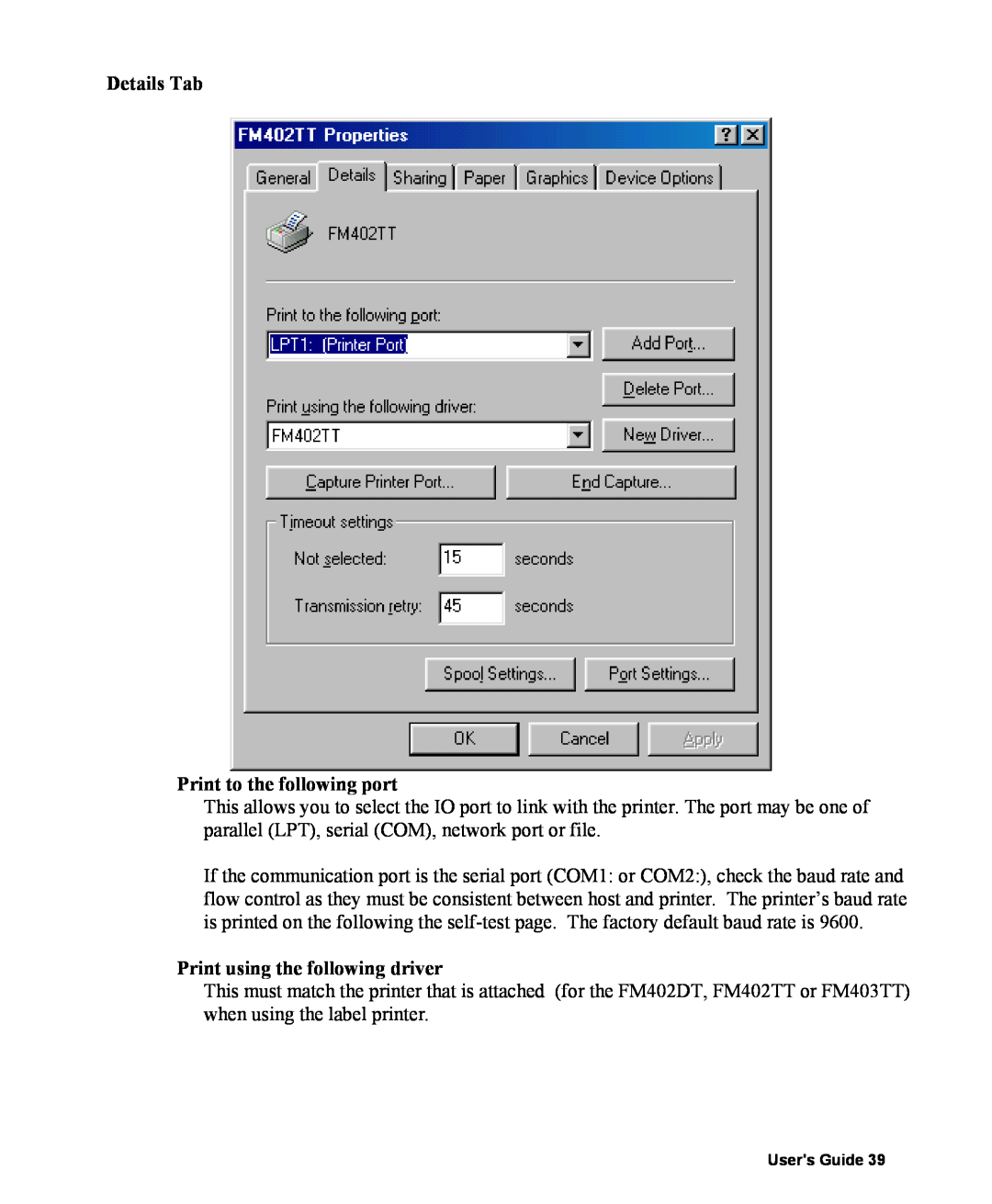 AMT Datasouth 400 manual Details Tab Print to the following port, Print using the following driver 