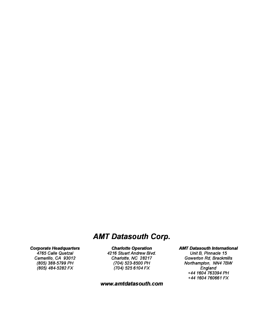 AMT Datasouth 400 manual AMT Datasouth Corp, Charlotte, NC, 704 525, Corporate Headquarters, Charlotte Operation 