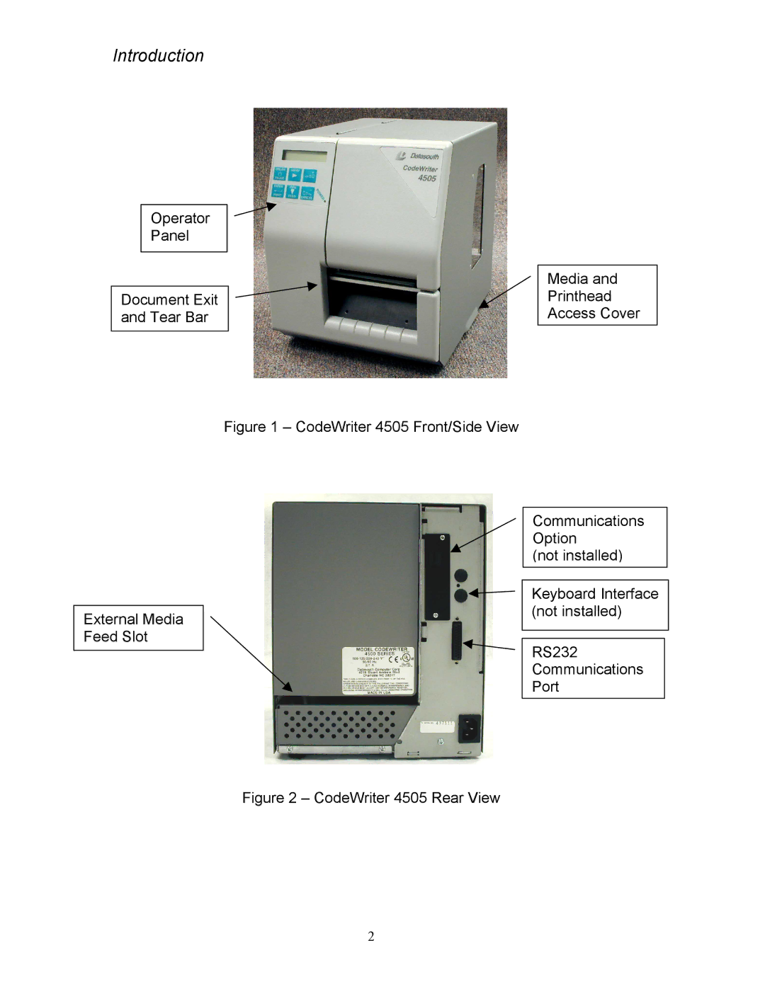 AMT Datasouth 4500 Series Operator Panel Document Exit Tear Bar, CodeWriter 4505 Front/Side View External Media Feed Slot 