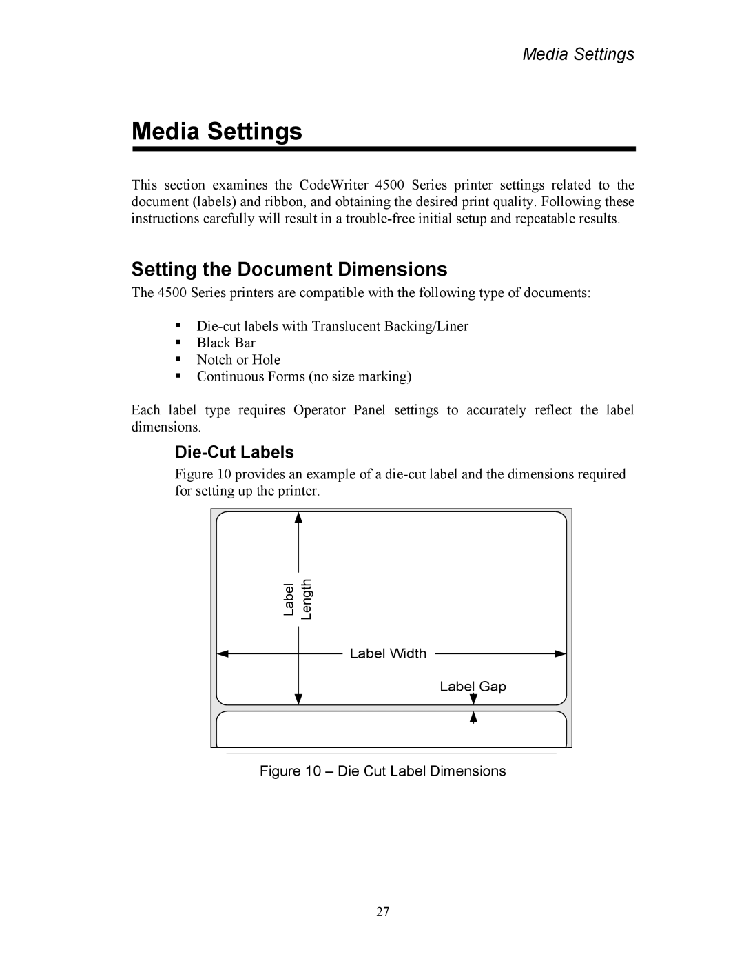 AMT Datasouth 4500 Series manual Media Settings, Setting the Document Dimensions, Die-Cut Labels 