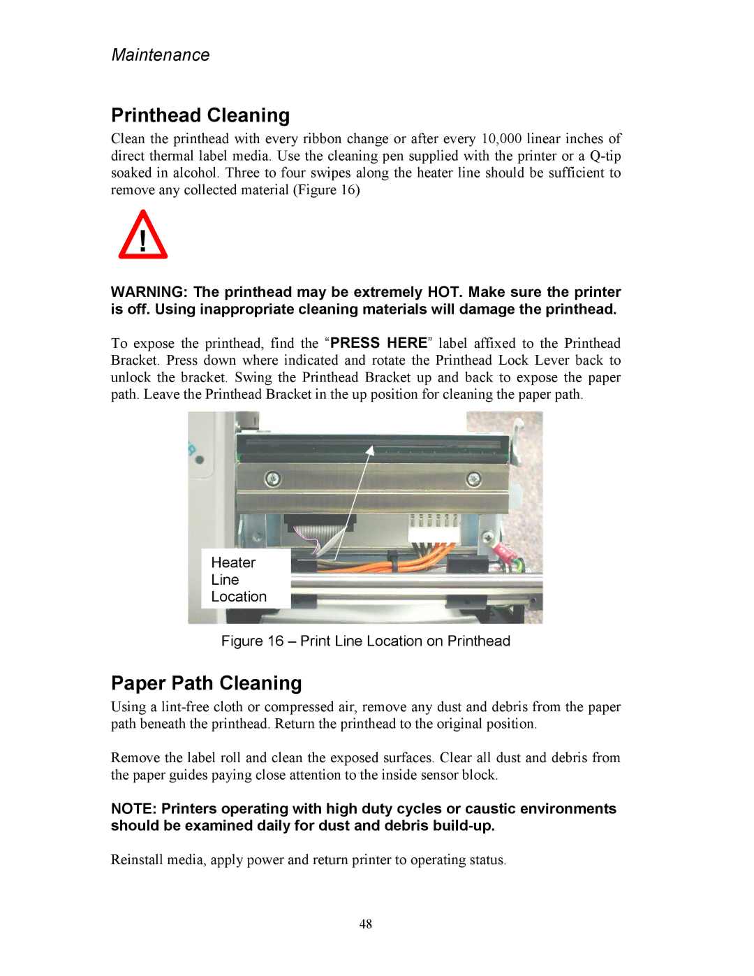 AMT Datasouth 4500 Series manual Printhead Cleaning, Paper Path Cleaning, Heater Line Location 