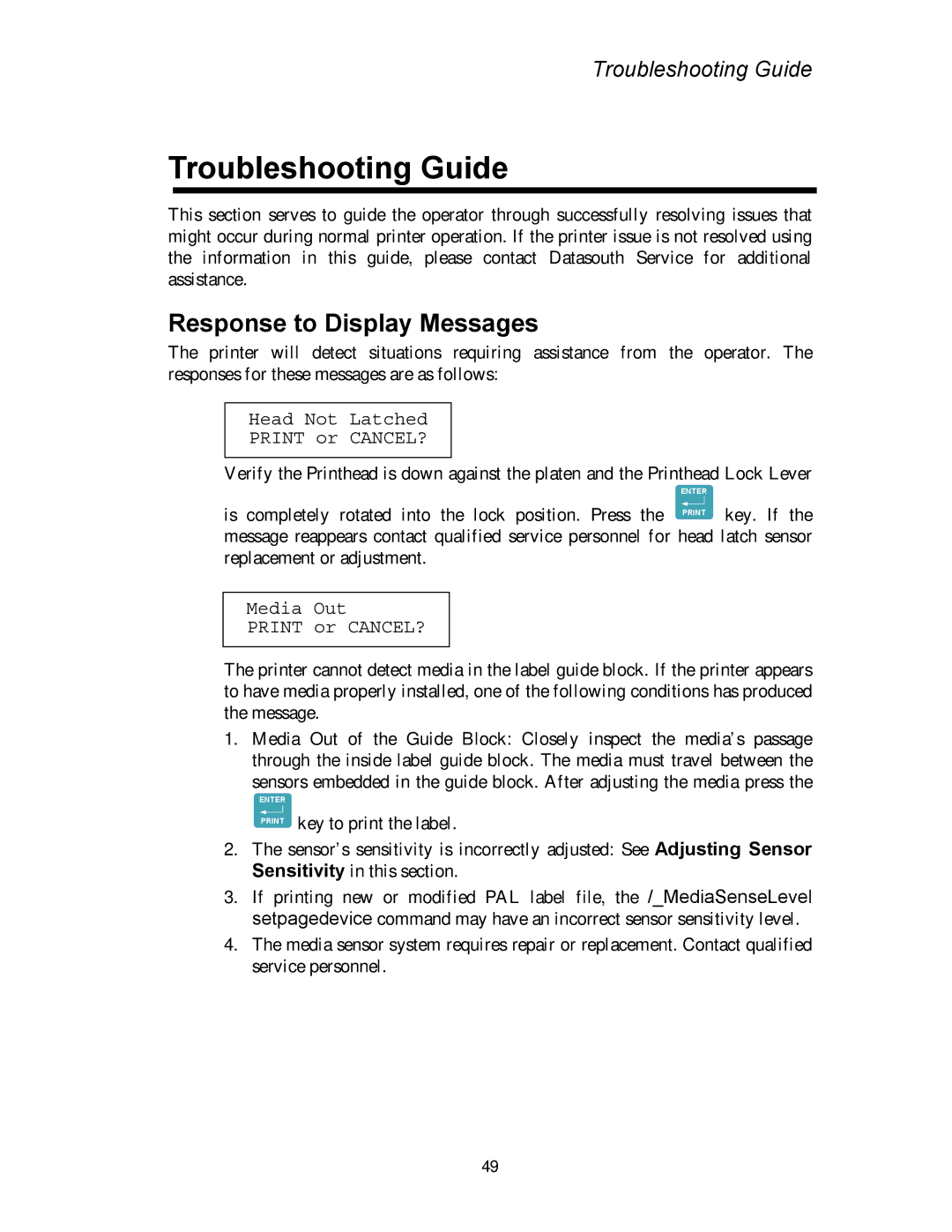 AMT Datasouth 4500 Series manual Troubleshooting Guide, Response to Display Messages 