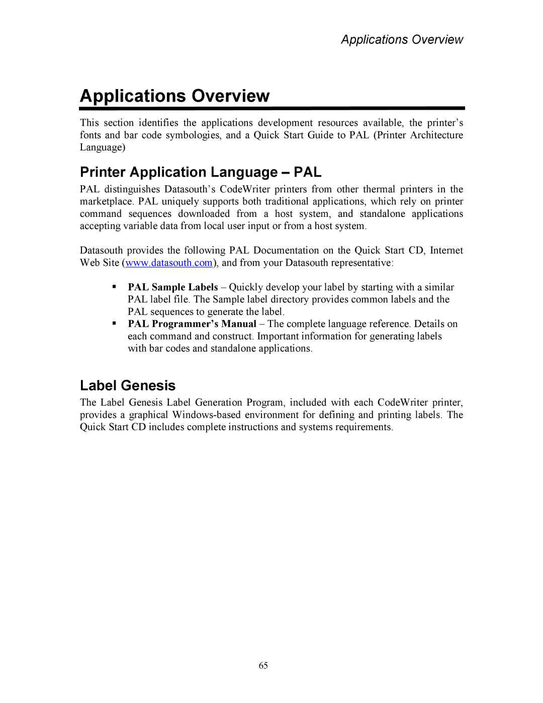 AMT Datasouth 4500 Series manual Applications Overview, Printer Application Language PAL, Label Genesis 