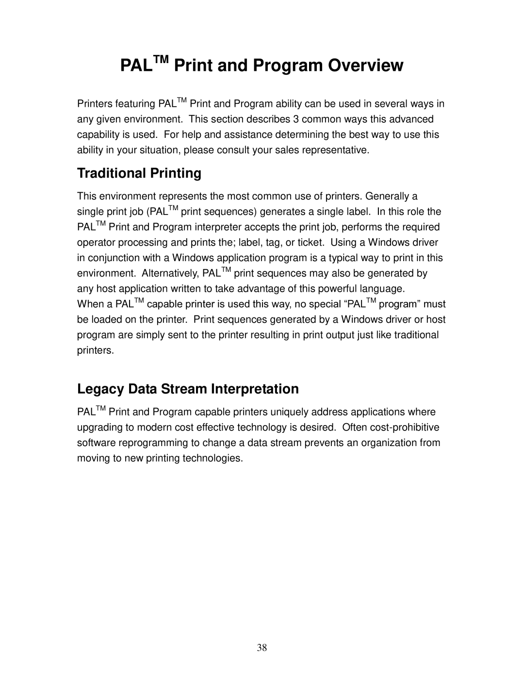 AMT Datasouth 4600 manual Paltm Print and Program Overview, Traditional Printing, Legacy Data Stream Interpretation 